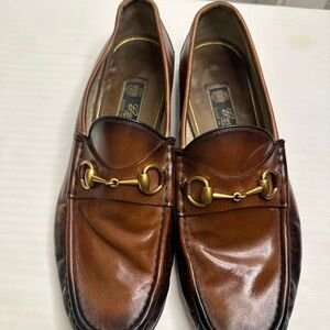 Gucci Tan Leather Loafers with Gold Accents, size 10